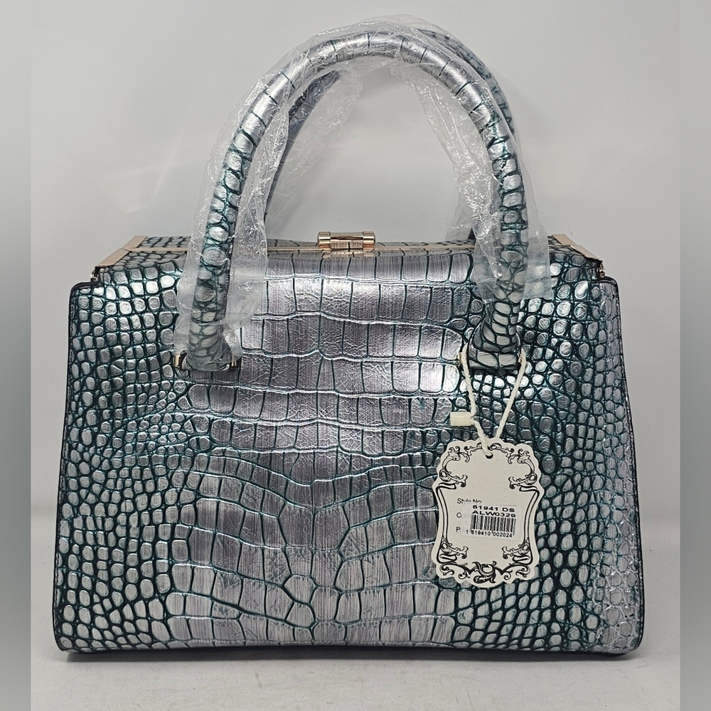 Elegant Metallic Croc-Embossed Satchel - Silver/Teal